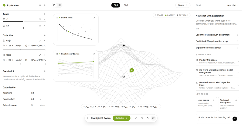 ODE+ Exploration multi-objective study with Pareto front and parallel coordinates